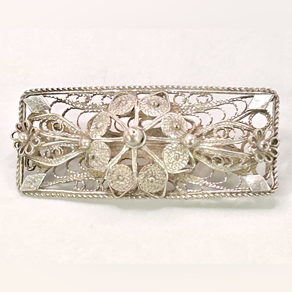 Vintage Greek Handmade 800 Sterling Silver Filigree Floral Ornate Brooch Pin